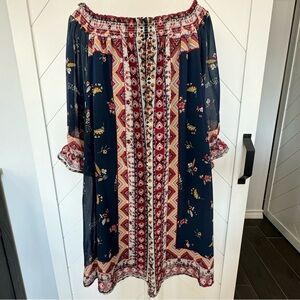 Off Shoulder Sleeve Navy Shift Dress